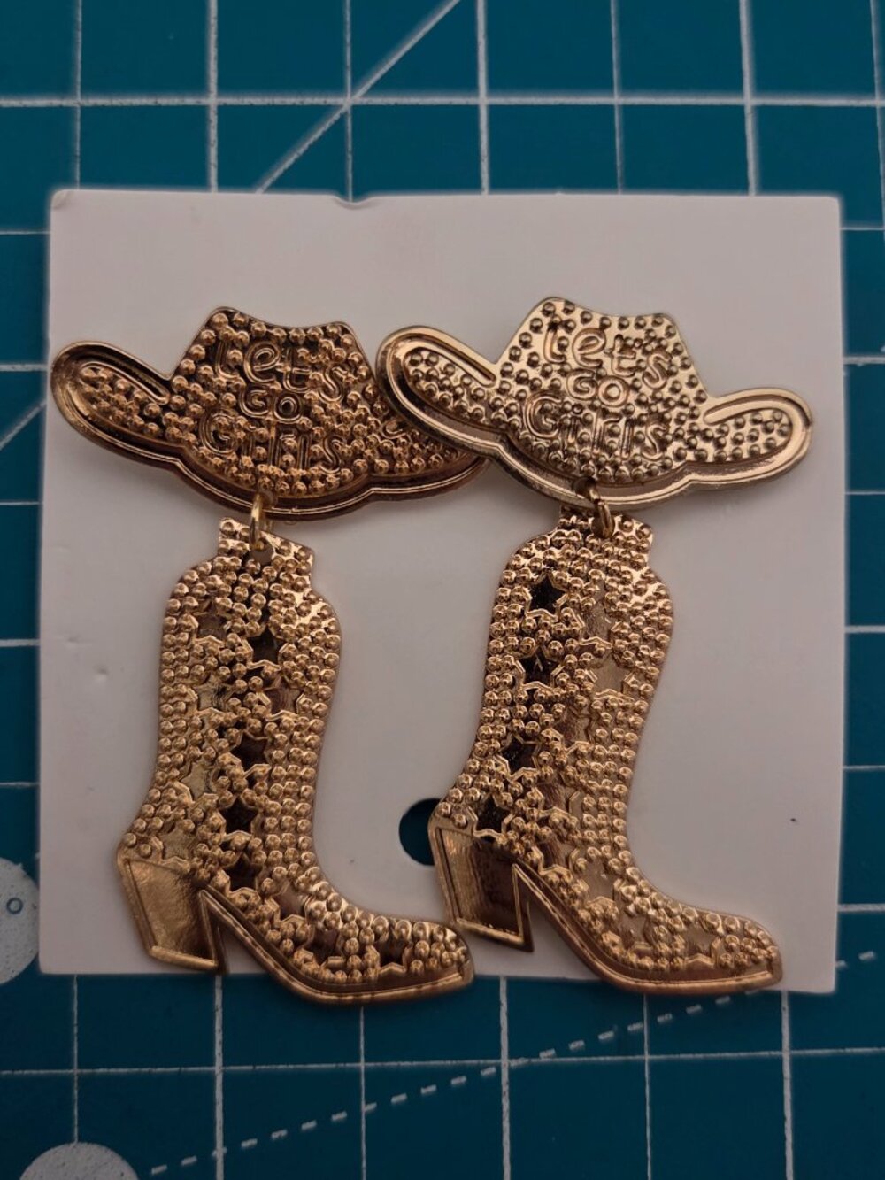 "Let’s Go Girls" Gold Tone Cowboy Hat & Boot Dangle Earrings Western Nashville